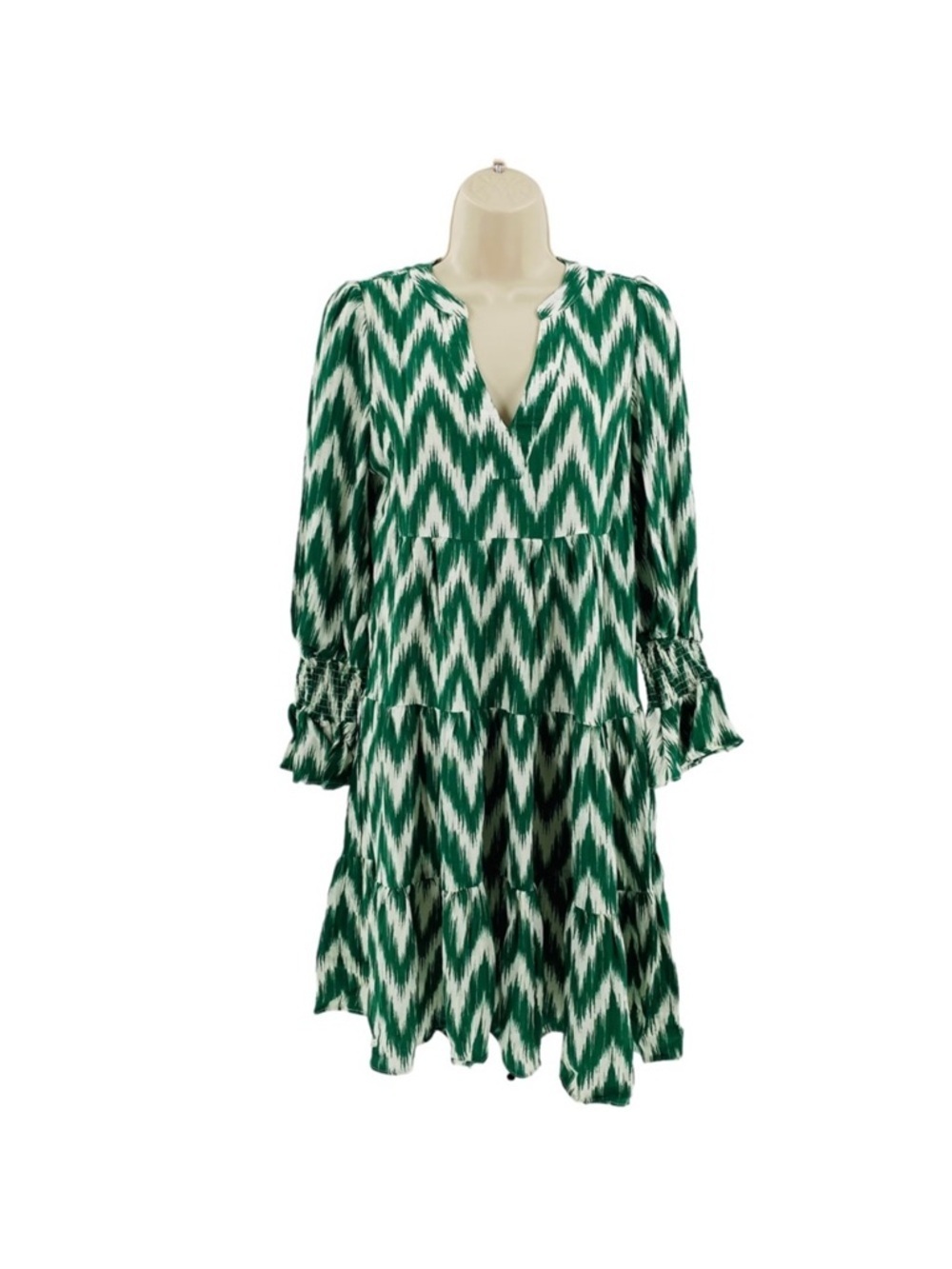 Pomander Place Tuckernuck Green White Ikat Zig Zag Print Tiered Dress Size M - Picture 9 of 14